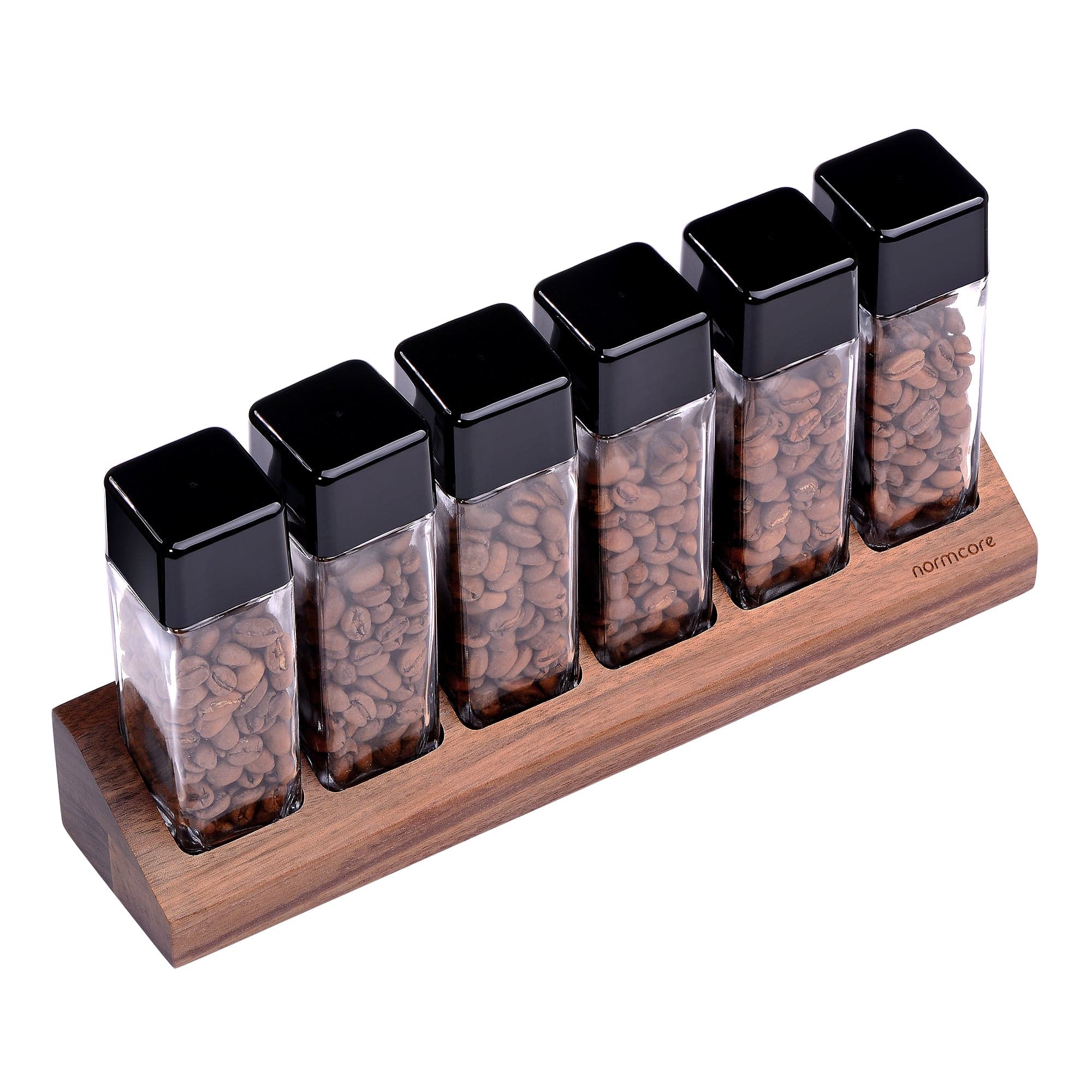 Normcore / 6 GLASS TUBES COFFEE BEAN CELLARS WITH WALNUT STAND