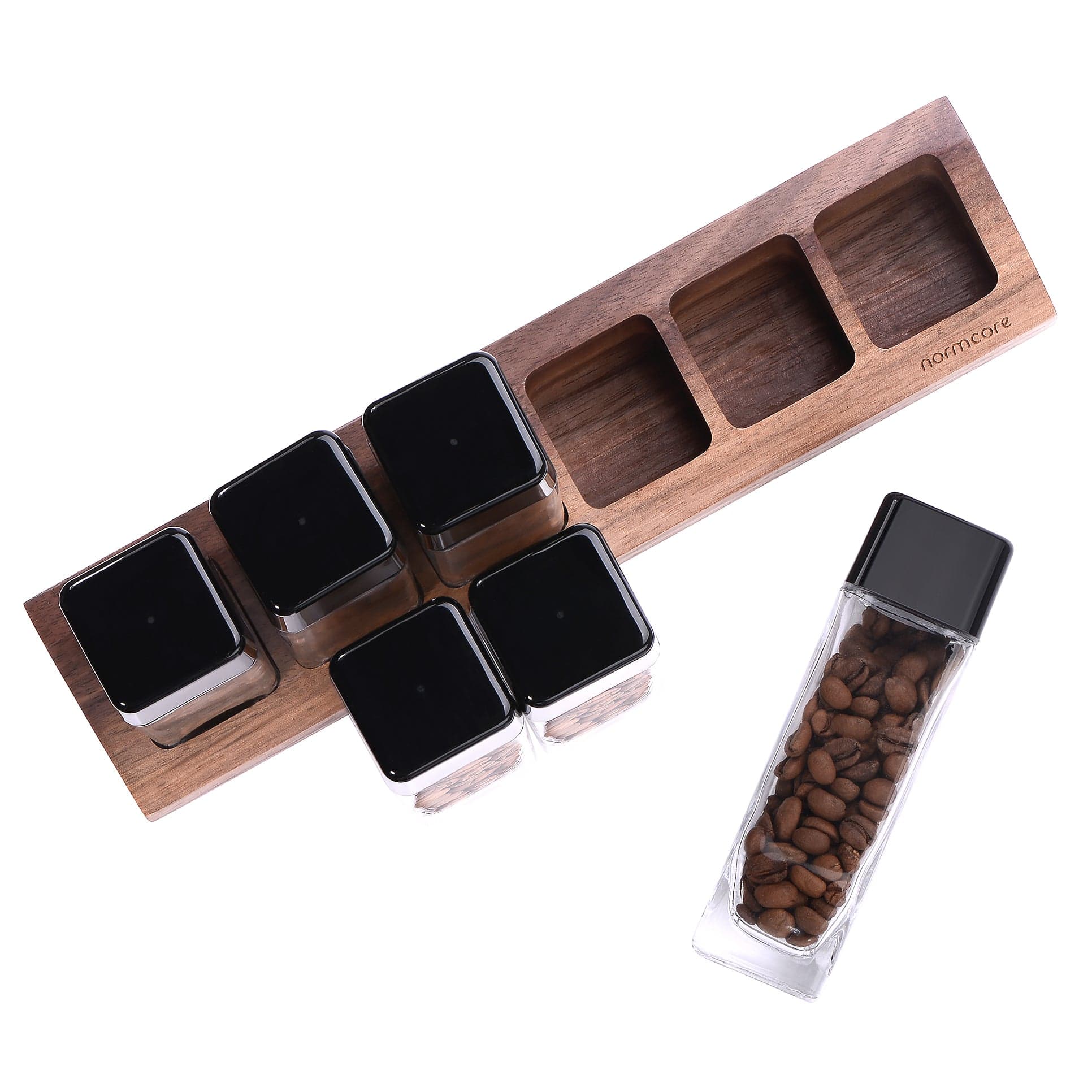 Normcore / 6 GLASS TUBES COFFEE BEAN CELLARS WITH WALNUT STAND