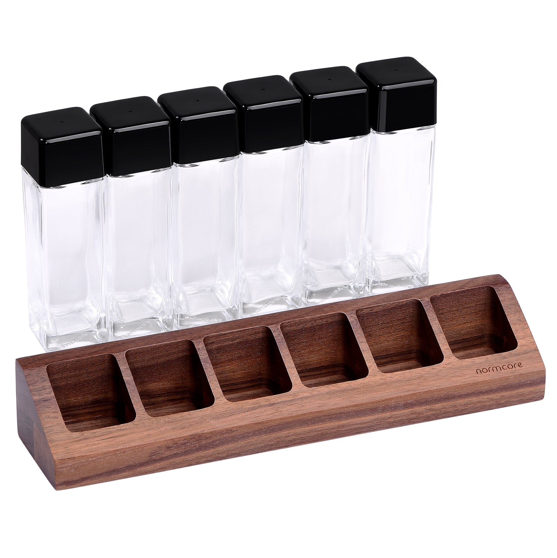 Normcore / 6 GLASS TUBES COFFEE BEAN CELLARS WITH WALNUT STAND