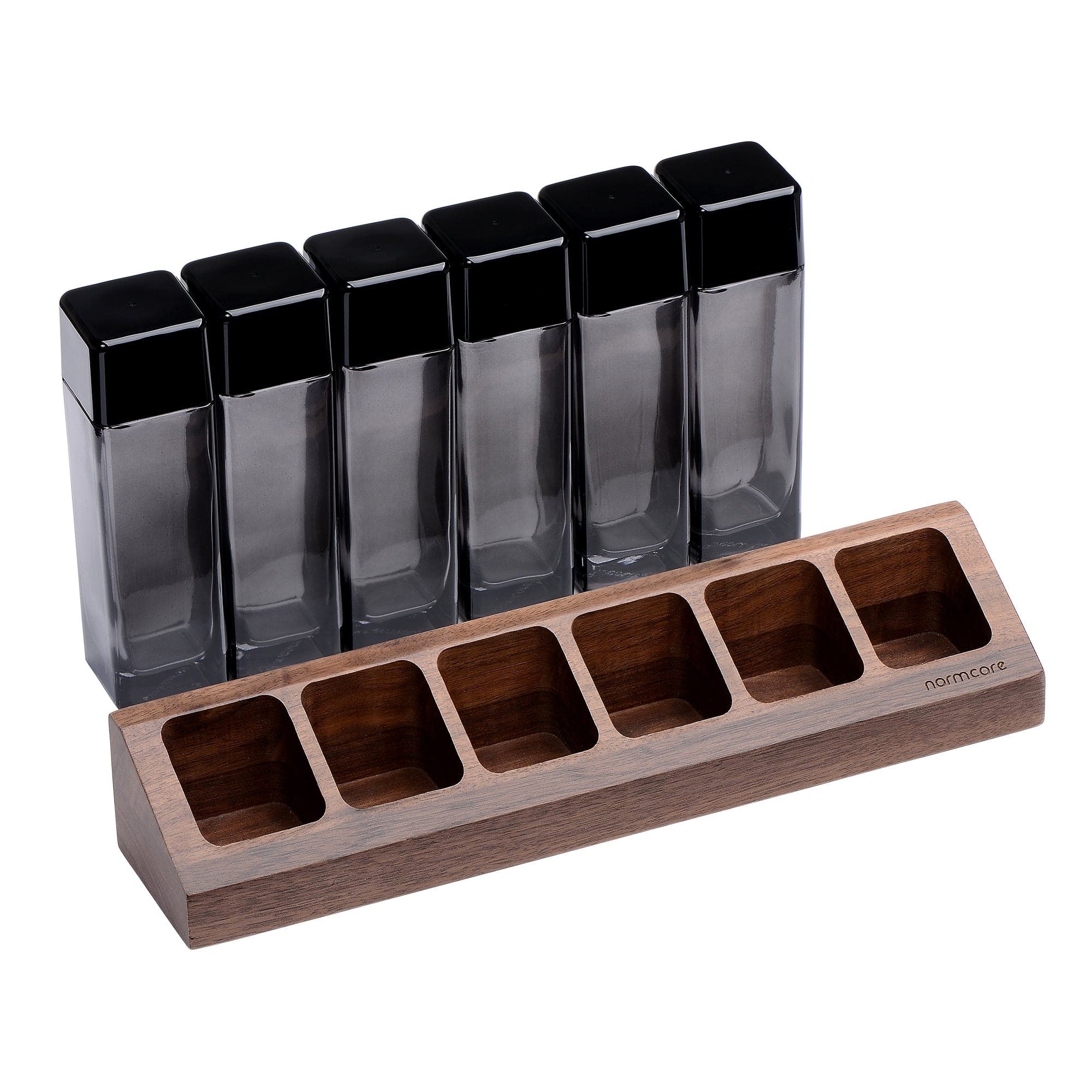 Normcore / 6 GLASS TUBES COFFEE BEAN CELLARS WITH WALNUT STAND