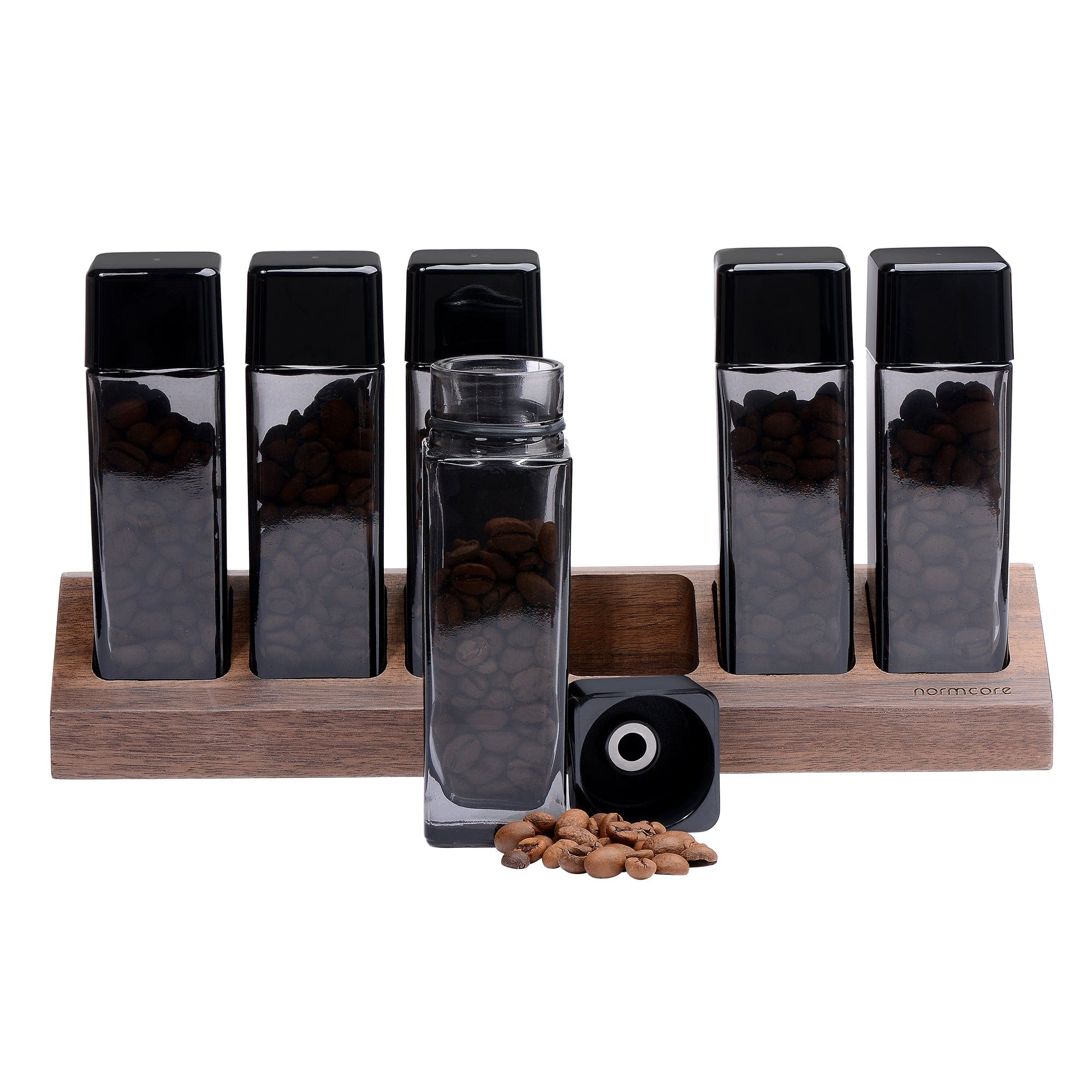 Normcore / 6 GLASS TUBES COFFEE BEAN CELLARS WITH WALNUT STAND