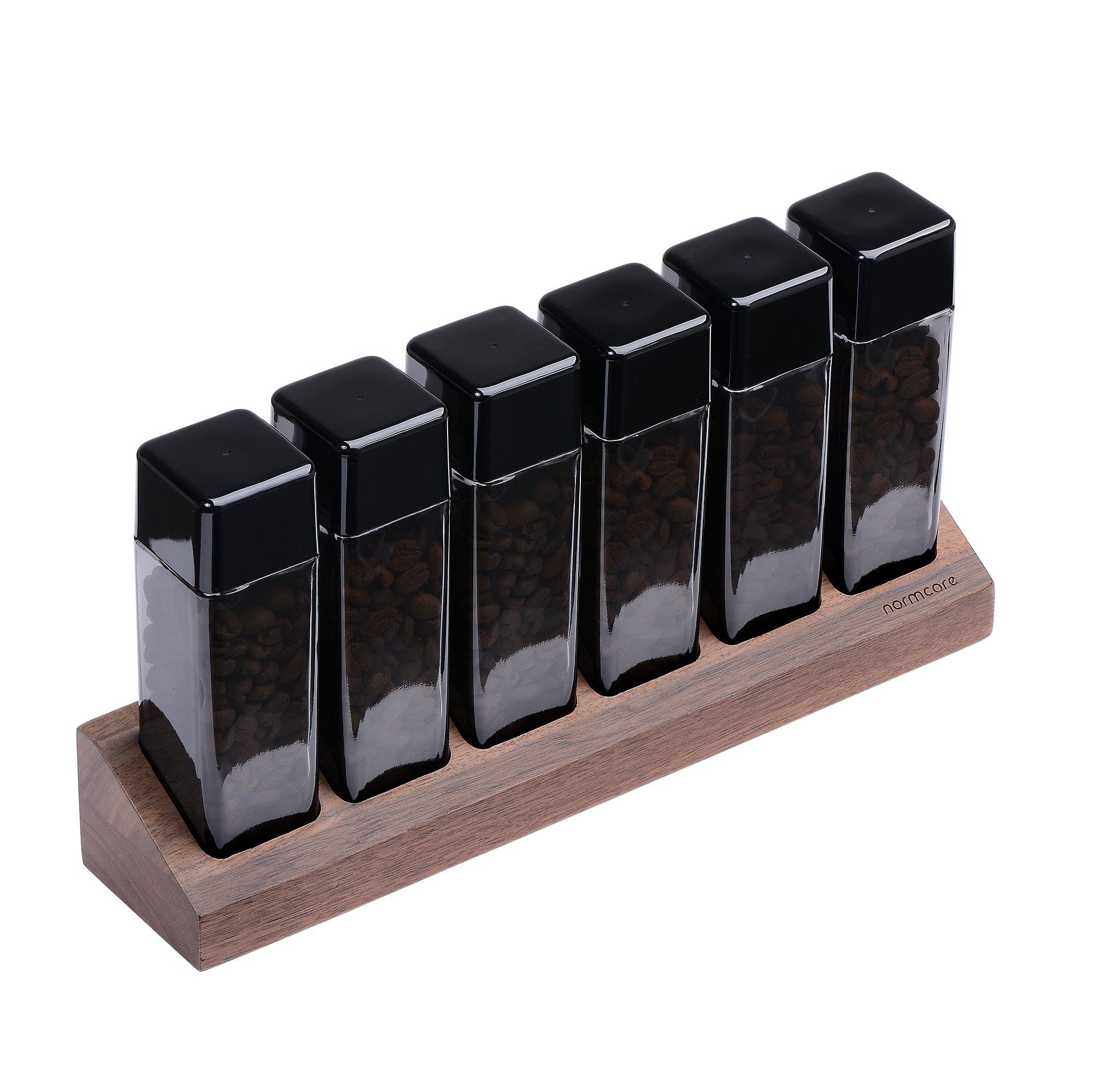 Normcore / 6 GLASS TUBES COFFEE BEAN CELLARS WITH WALNUT STAND