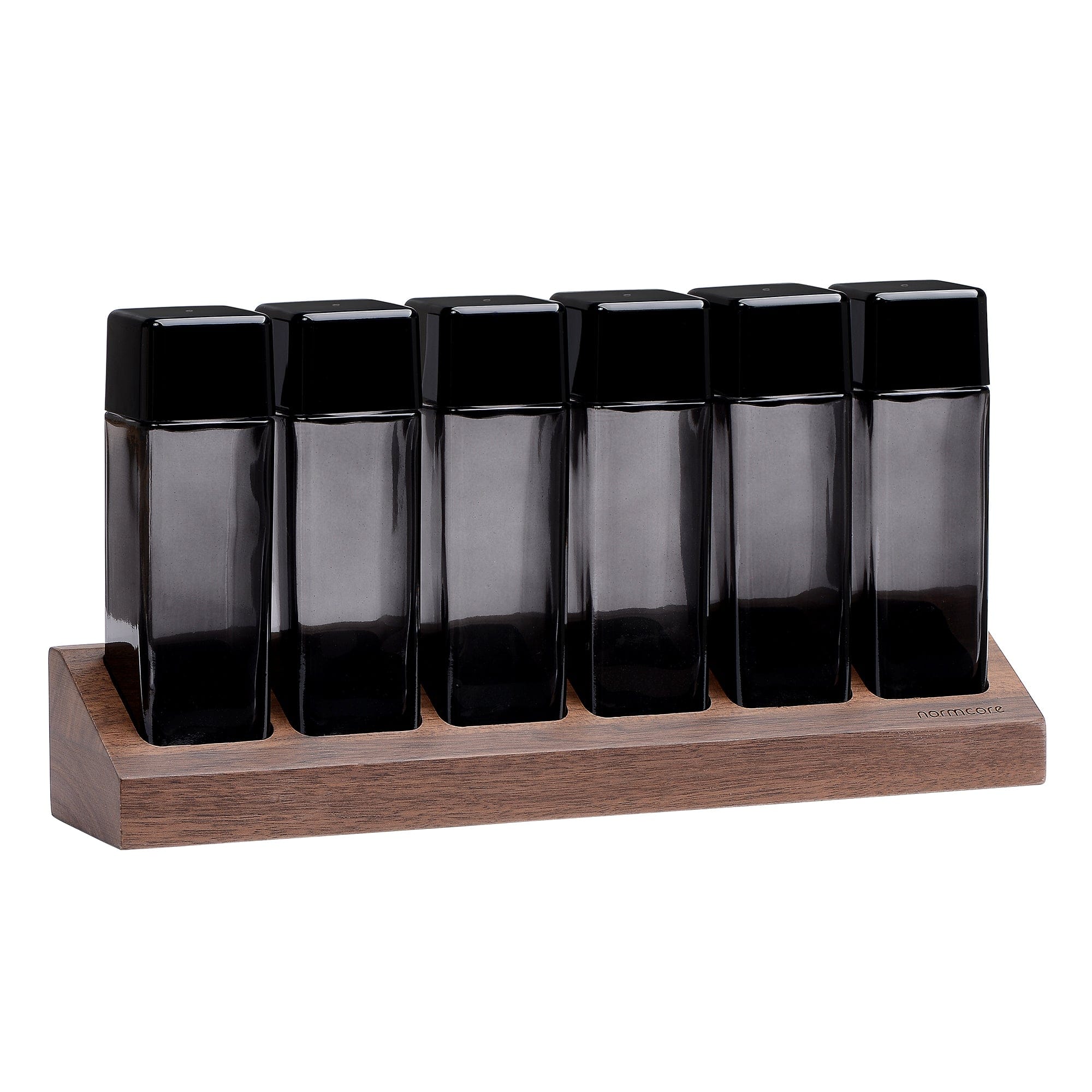 Normcore / 6 GLASS TUBES COFFEE BEAN CELLARS  WITH WALNUT STAND