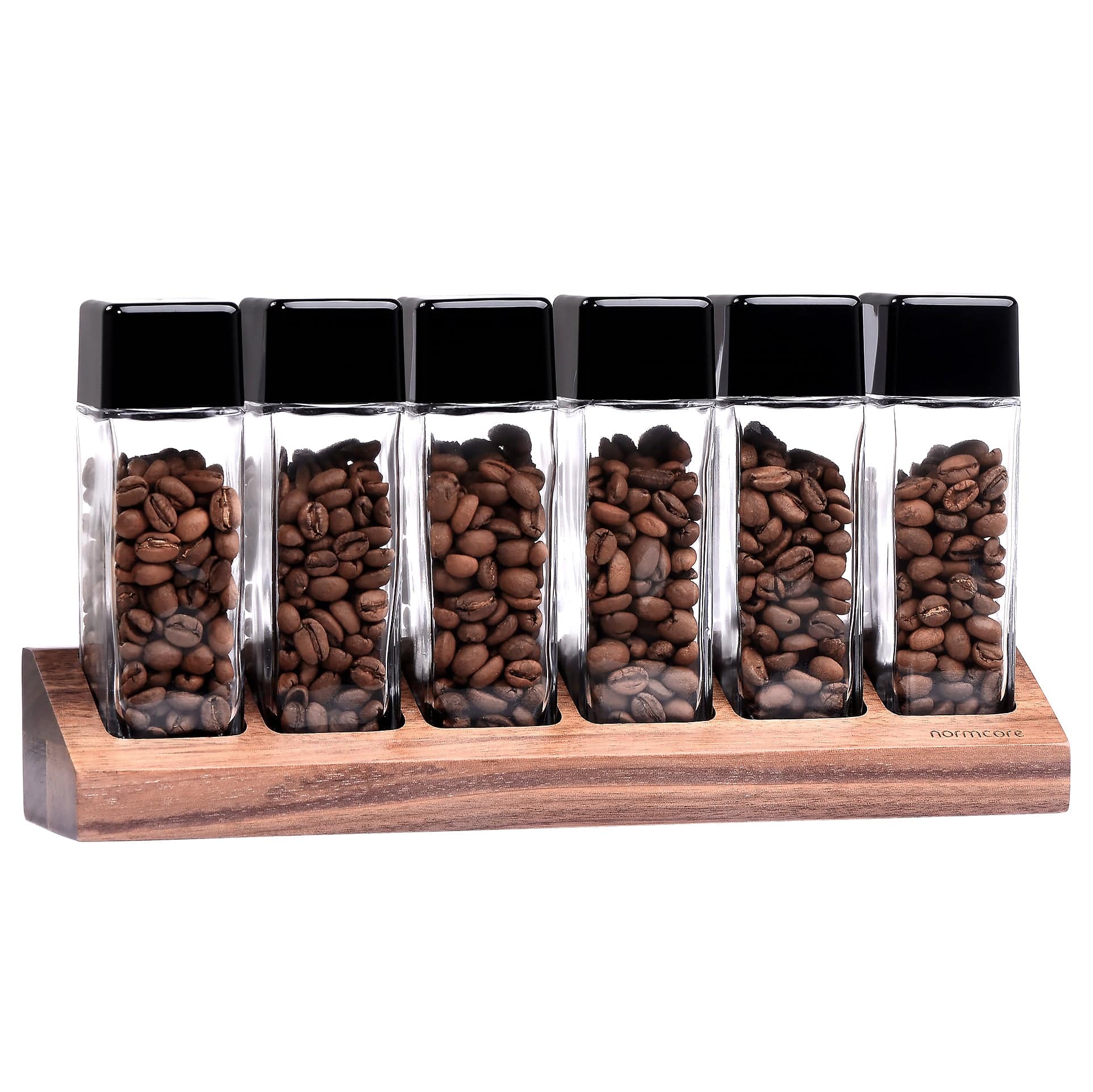 Normcore / 6 GLASS TUBES COFFEE BEAN CELLARS  WITH WALNUT STAND