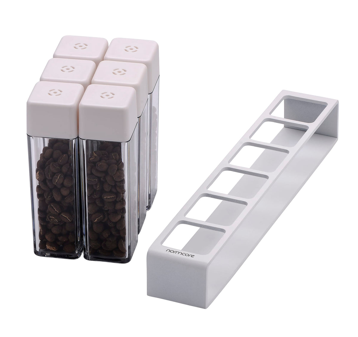 Normcore / DEPOSITOS DE CAFÉ EN GRANOS DE 6 TUBOS CON SOPORTE